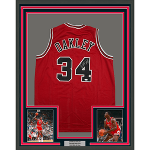 Framed Autographed/Signed Charles Oakley 35x39 Chicago Red Basketball Jersey JSA COA