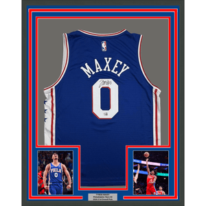 Framed Autographed/Signed Tyrese Maxey 35x39 Philadelphia 76ers Sixers Blue Authentic Basketball Jersey Fanatics COA