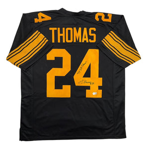 Autographed/Signed JT Thomas Pittsburgh Black Color Rush Football Jersey Beckett BAS COA