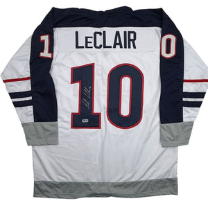 Autographed/Signed John LeClair United States Team USA White Hockey Jersey Beckett BAS COA