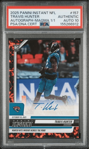 Graded 2025 Panini Instant Travis Hunter #157 Autograph Magma 1/1 Rookie RC Football Card Authentic Auto PSA 10 Gem Mint