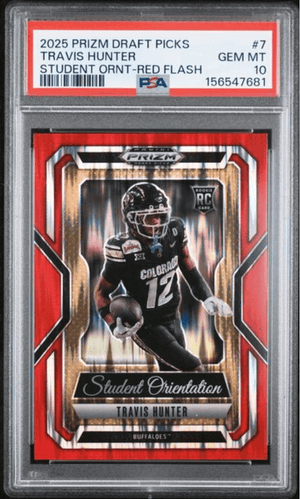 Graded 2025 Panini Prizm Draft Picks Travis Hunter #7 Student Orientation Red Flash /49 Rookie RC Football Card PSA 10 Gem Mint