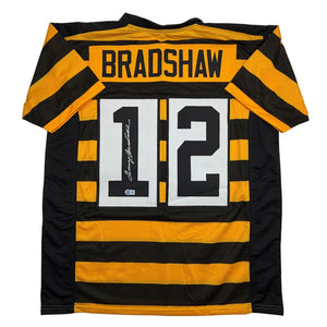 Autographed/Signed Terry Bradshaw Pittsburgh Bumble Bee Football Jersey Beckett BAS COA