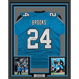 Framed Autographed/Signed Jonathon Brooks 35x39 Carolina Blue Football Jersey JSA COA
