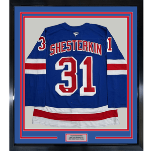 Framed Autographed/Signed 35x39 Igor Shesterkin New York Rangers Blue Authentic Hockey Jersey Fanatics COA