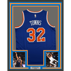 Framed Autographed/Signed Karl-Anthony Towns 35x39 New York Knicks Blue Authentic Basketball Jersey Fanatics COA