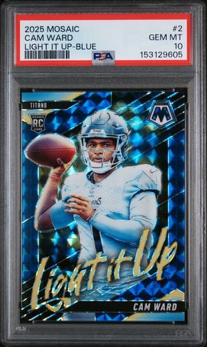 Graded 2025 Panini Mosaic Cam Ward #2 Light It Up Blue /99 Rookie RC Football Card PSA 10 Gem Mint