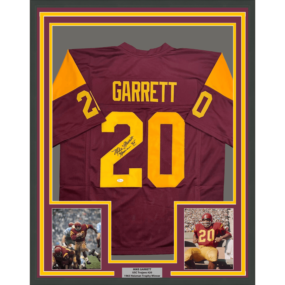 Framed Autographed/Signed Mike Garrett 35x39 Heisman 65 USC Southern Cal Red College Football Jersey JSA COA