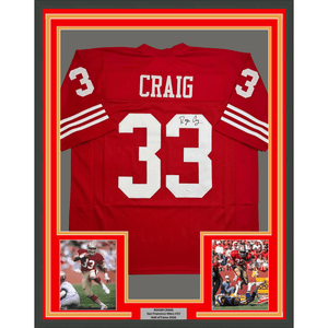 Framed Autographed/Signed Roger Craig 35x39 San Francisco Red Football Jersey JSA COA