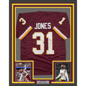 Framed Autographed/Signed Jonathan Jones 35x39 Washington Maroon Football Jersey JSA COA