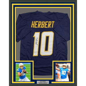 Framed Autographed/Signed Justin Herbert 35x39 Los Angeles San Diego Navy Blue Football Jersey Beckett BAS COA