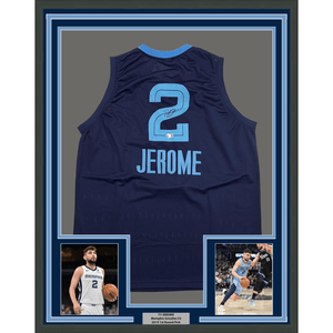 Framed Autographed/Signed Ty Jerome 35x39 Memphis Navy Blue Basketball Jersey Beckett BAS COA