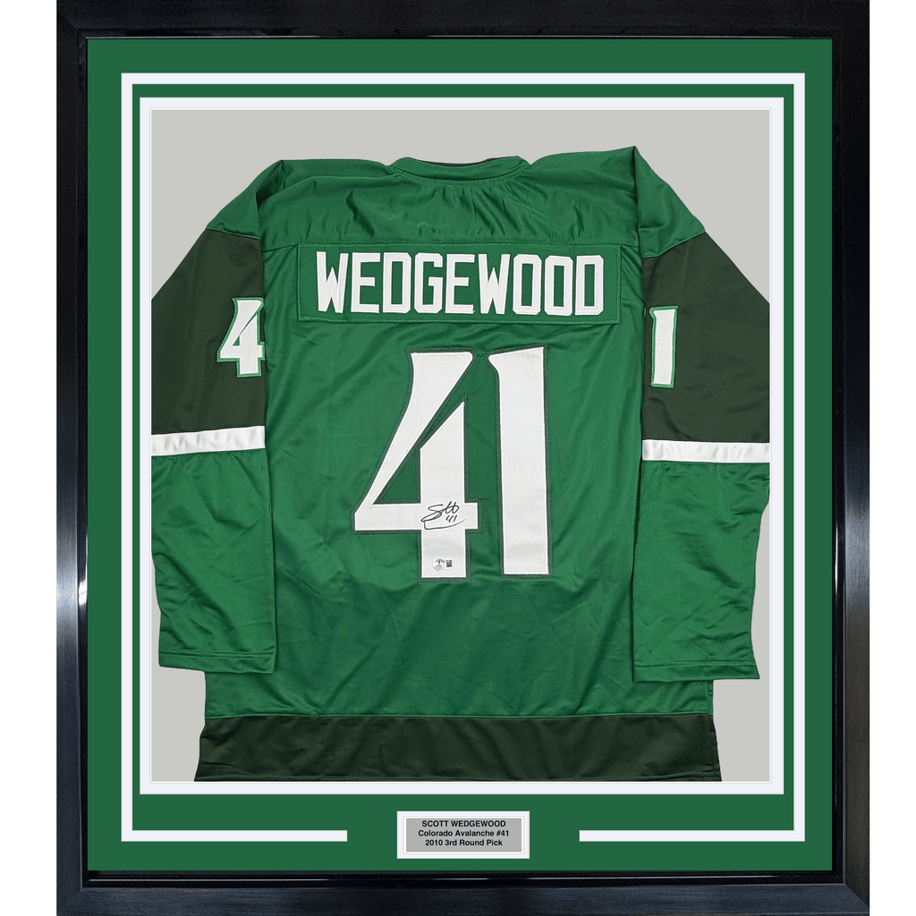 Framed Autographed/Signed Scott Wedgewood 35x39 Colorado Green St. Patrick's Day Hockey Jersey Beckett BAS COA