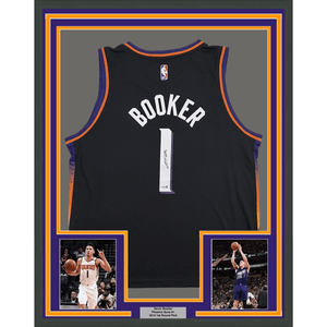 Framed Autographed/Signed Devin Booker 35x39 Phoenix Suns Black Authentic Basketball Jersey JSA COA