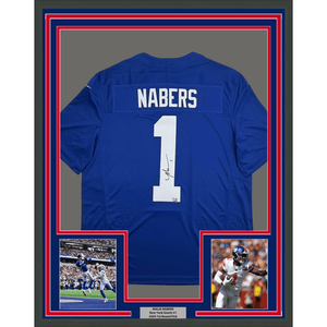 Framed Autographed/Signed Malik Nabers 35x39 New York Giants Blue Authentic Football Jersey Fanatics COA