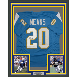 Framed Autographed/Signed Natrone Means 35x39 Los Angeles San Diego Powder Blue Football Jersey Beckett BAS COA