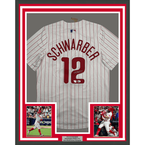 Framed Autographed/Signed Kyle Schwarber 35x39 Philadelphia Phillies Pinstripe Authentic Baseball Jersey Fanatics & MLB COA