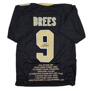 Autographed/Signed Drew Brees New Orleans Black Stat Football Jersey Beckett BAS COA