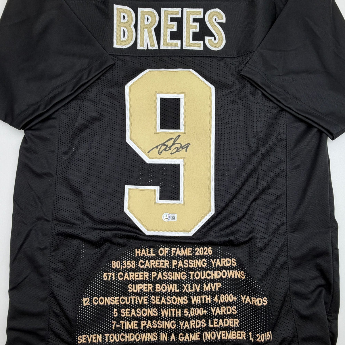 Autographed/Signed Drew Brees New Orleans Black Stat Football Jersey Beckett BAS COA