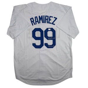 Autographed/Signed Manny Ramirez MannyWood Los Angeles White Baseball Jersey Beckett BAS COA