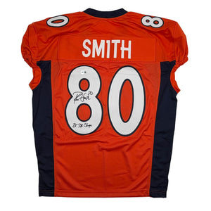 Autographed/Signed Rod Smith 2x SB Champs Denver Orange Pro Cut Football Jersey Beckett BAS COA