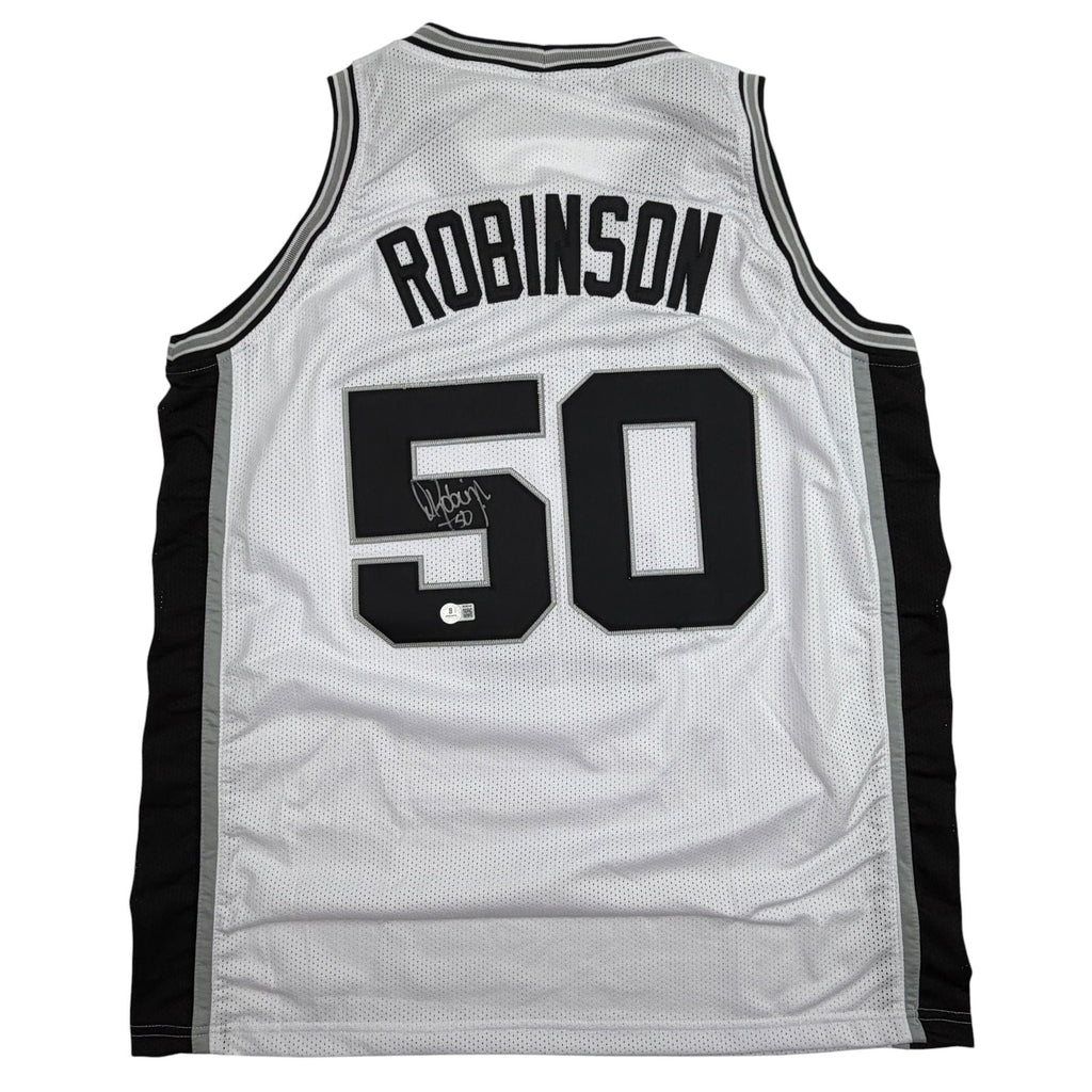 Autographed/Signed David Robinson San Antonio White Basketball Jersey Beckett BAS COA