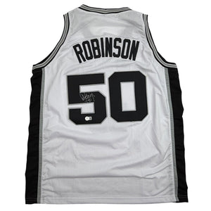 Autographed/Signed David Robinson San Antonio White Basketball Jersey Beckett BAS COA