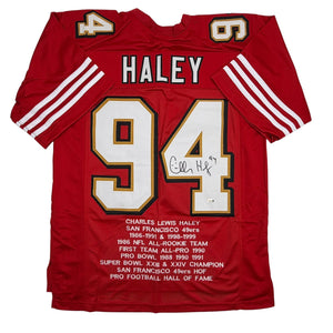 Autographed/Signed Charles Haley San Francisco Red Alternate Stat Football Jersey JSA COA