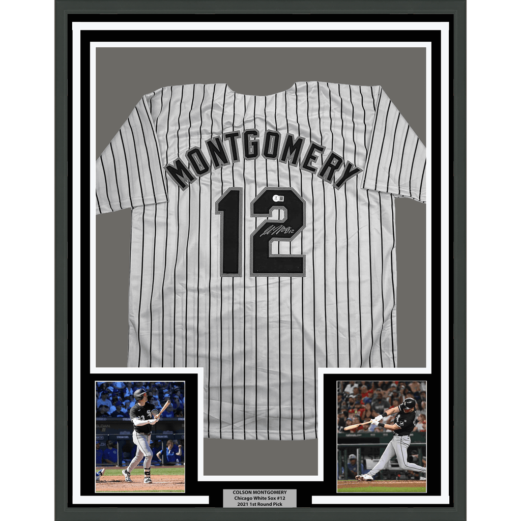Framed Autographed/Signed Colson Montgomery 35x39 Chicago Pinstripe Baseball Jersey Beckett BAS COA