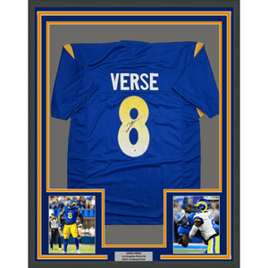 Framed Autographed/Signed Jared Verse 35x39 Los Angeles LA Blue Football Jersey Beckett BAS COA
