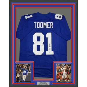 Framed Autographed/Signed Amani Toomer 35x39 New York Blue Football Jersey PSA/DNA COA