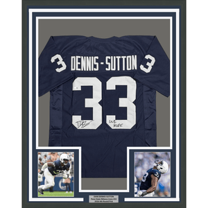 Framed Autographed/Signed Dani Dennis-Sutton 35x39 Penn State Blue College Football Jersey JSA COA