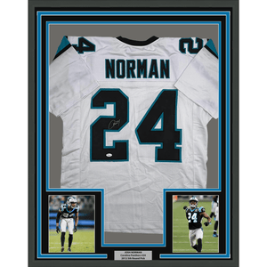 Framed Autographed/Signed Josh Norman 35x39 Carolina White Football Jersey JSA COA