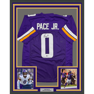 Framed Autographed/Signed Ivan Pace Jr. 35x39 Minnesota Purple Football Jersey Beckett BAS COA