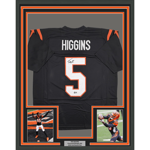 Framed Autographed/Signed Tee Higgins 35x39 Cincinnati Black Football Jersey Beckett BAS COA