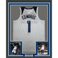 Framed Autographed/Signed Anthony Edwards 35x39 Minnesota White #1 Basketball Jersey Beckett BAS COA