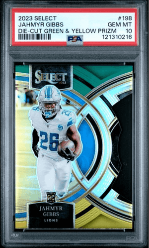 Graded 2023 Panini Select Jahmyr Gibbs #198 Die Cut Green & Yellow Prizm Rookie RC Football Card PSA 10 Gem Mint