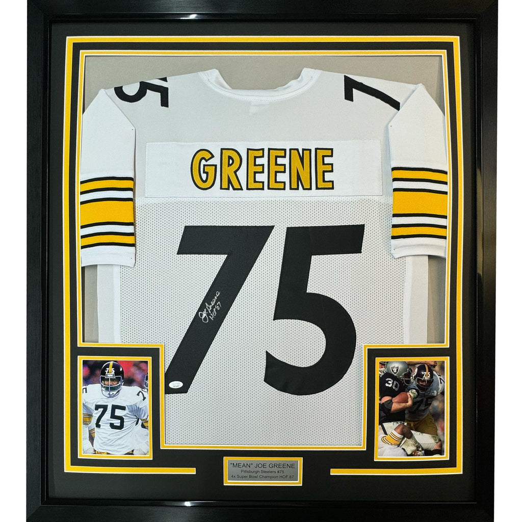 Framed Autographed/Signed Mean Joe Greene HOF 87 35x39 Pittsburgh White Football Jersey JSA COA