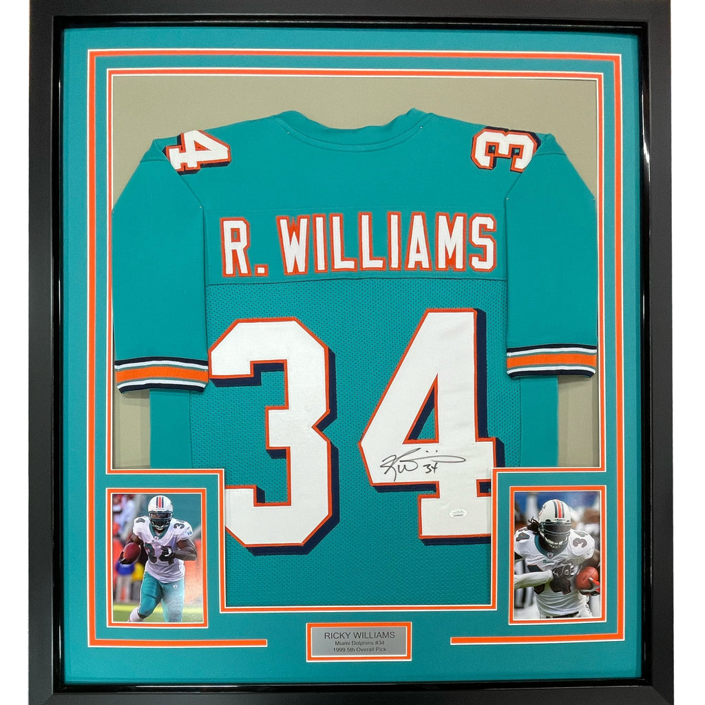 Framed Autographed/Signed Ricky Williams 35x39 Miami Teal Football Jersey JSA COA