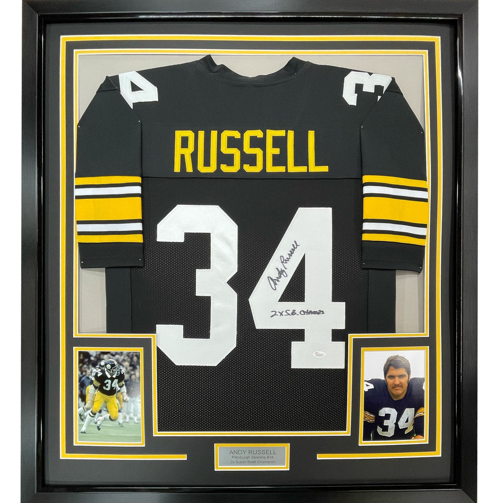 Framed Autographed/Signed Andy Russell 2x Super Bowl Champs 35x39 Pittsburgh Black Football Jersey JSA COA