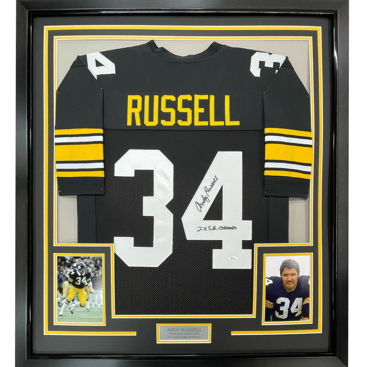 Framed Autographed/Signed Andy Russell 2x Super Bowl Champs 35x39 Pittsburgh Black Football Jersey JSA COA