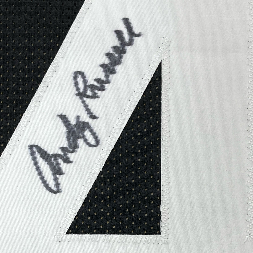 Framed Autographed/Signed Andy Russell 2x Super Bowl Champs 35x39 Pittsburgh Black Football Jersey JSA COA