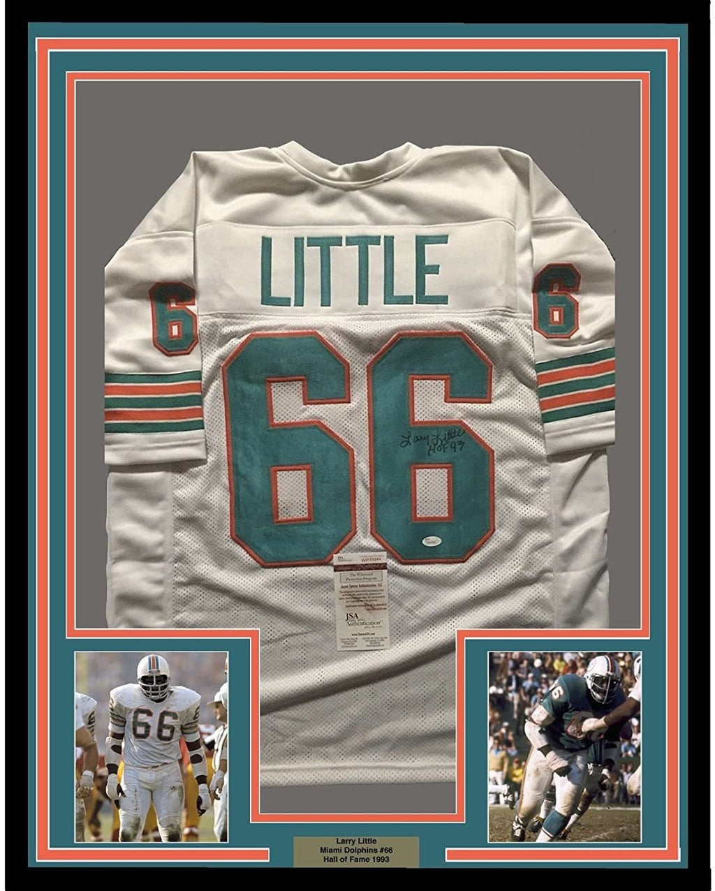 Framed Autographed/Signed Larry Little HOF 93  35x39 Miami Dolphins White Football Jersey JSA COA