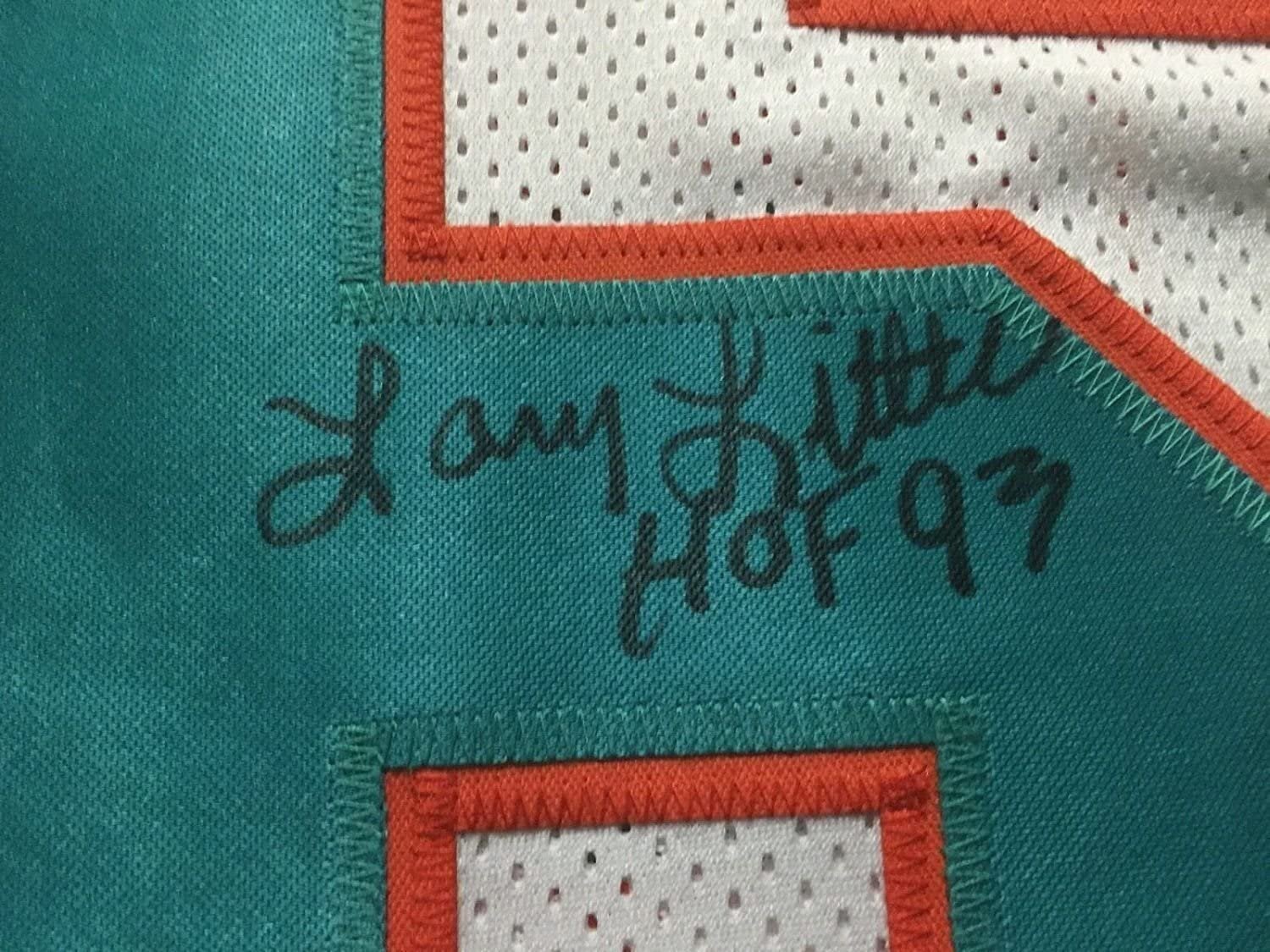 Framed Autographed/Signed Larry Little HOF 93  35x39 Miami Dolphins White Football Jersey JSA COA