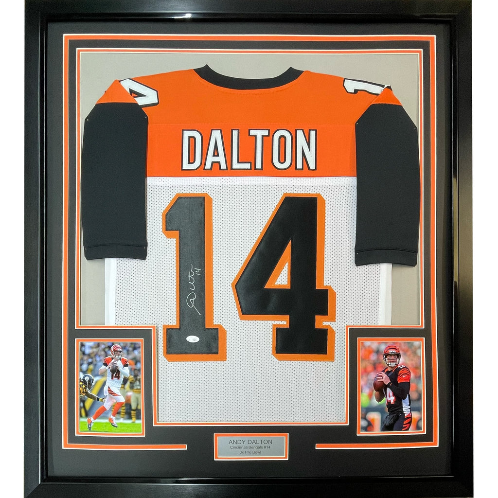 Framed Autographed/Signed Andy Dalton 35x39 Cincinnati White Football Jersey JSA COA