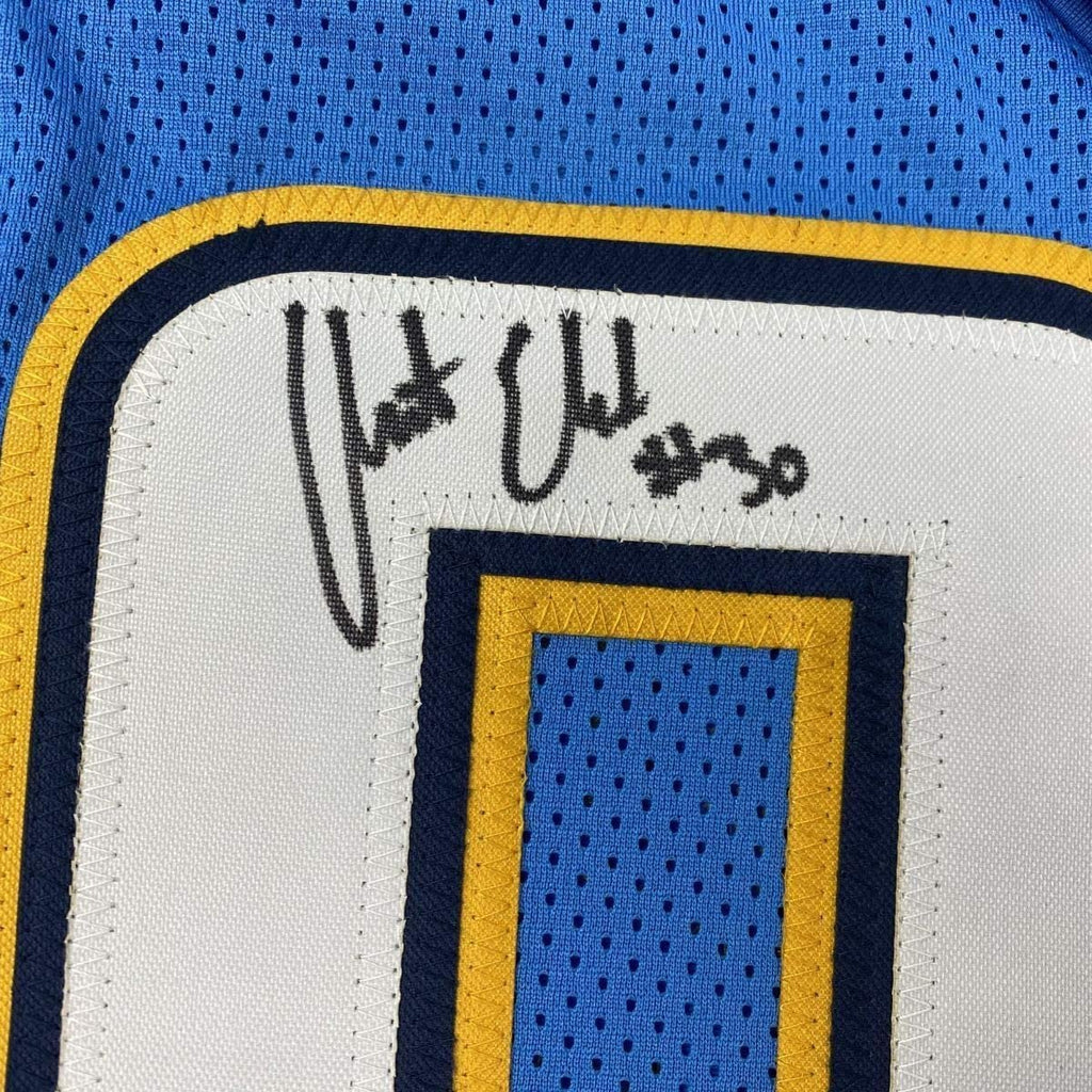 Framed Autographed/Signed Austin Ekeler 35x39 Los Angeles LA Powder Blue Football Jersey Beckett BAS COA