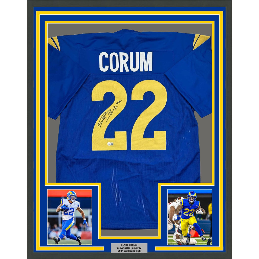 Framed Autographed/Signed Blake Corum 35x39 Los Angeles LA Blue Football Jersey Beckett BAS COA