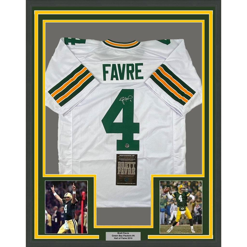 Framed Autographed/Signed Brett Favre 35x39 Green Bay White Football Jersey Favre Hologram COA
