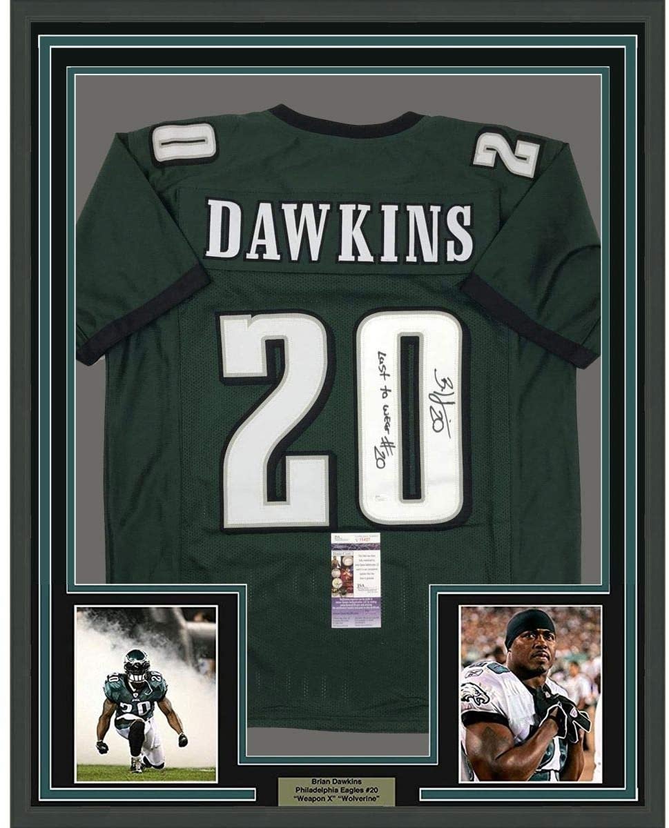 Framed Autographed/Signed Brian Dawkins 35x39 Inscribed Last To Wear #20 Philadelphia Green Football Jersey JSA COA