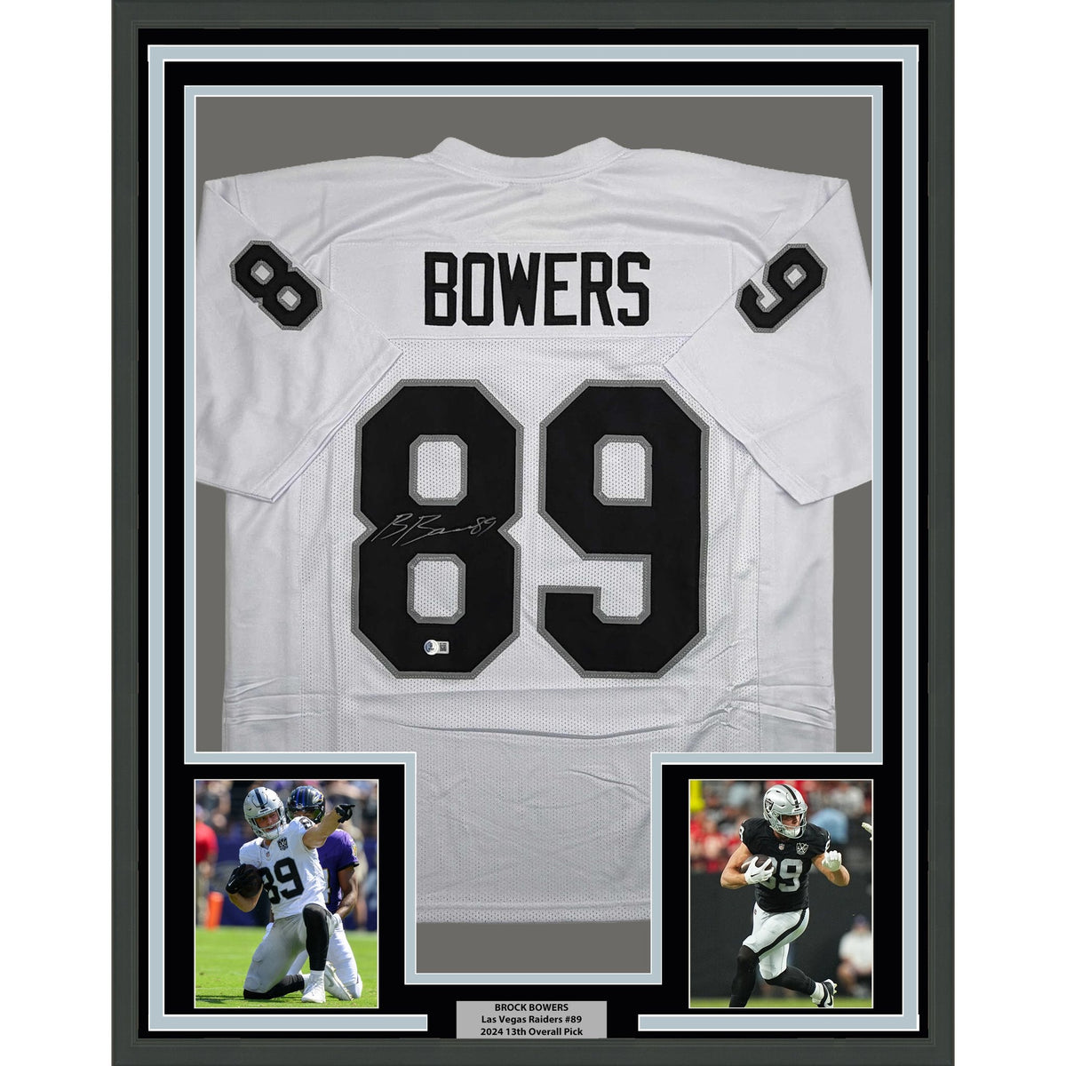 Framed Autographed/Signed Brock Bowers 35x39 Las Vegas Oakland White Football Jersey Beckett BAS COA